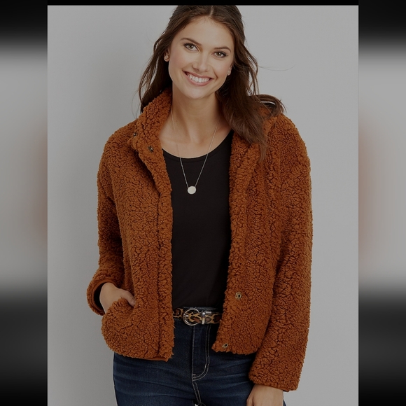 Maurices womens small brown faux fur shell coat / sweater & plaid teddy sherpa - Picture 1 of 6
